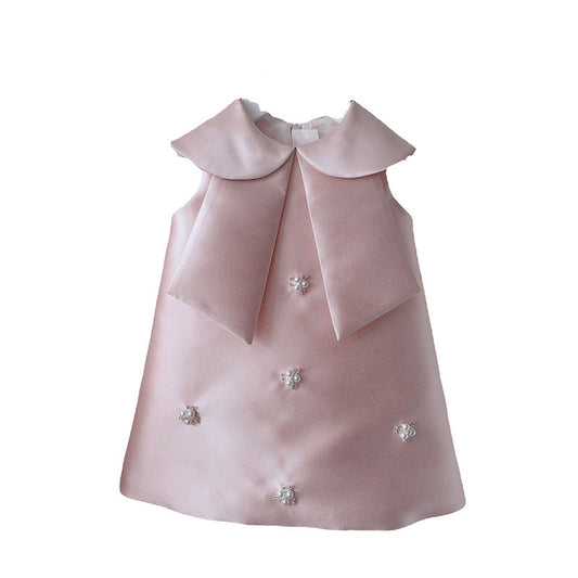 Girls Vest Skirt Children Girl Baby One Year Old Dress Big Bow Princess Dress Handmade Pearl Diamond Dress