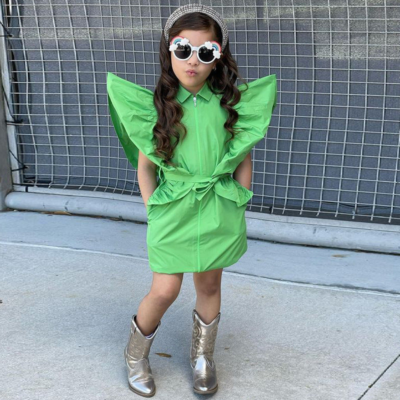 Children's Clothing New Ins Style Girls Oversized Ruffled Solid Color Waist Dress
