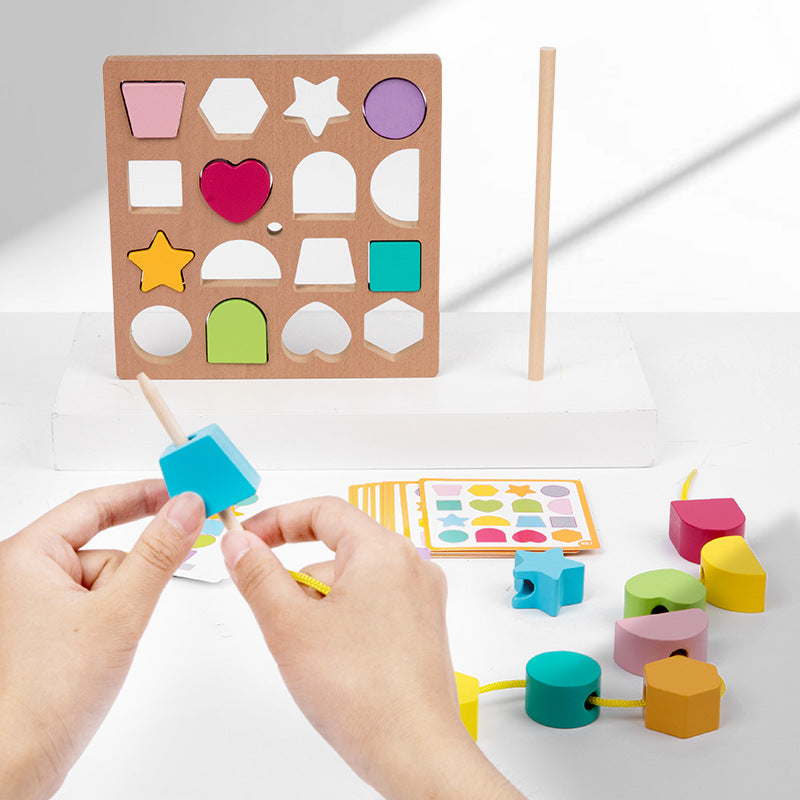 Children's Enlightenment Color Shape Cognition Rope Wooden Puzzle Bead Matching Hand Eye Coordination Montessori Early Education Toys