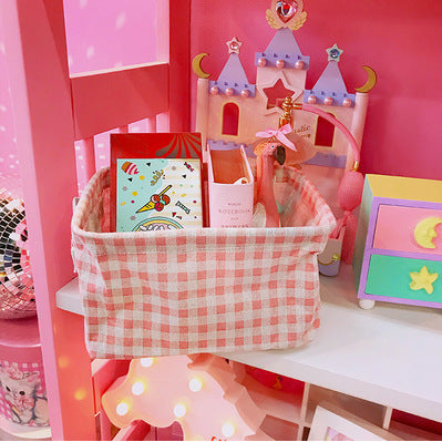 Girl Cute Pink Plaid Home Cotton And Linen Fabric Storage Basket Cosmetics Sundries Storage Basket Desktop Storage Box