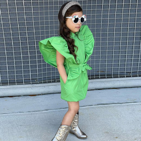 Children's Clothing New Ins Style Girls Oversized Ruffled Solid Color Waist Dress