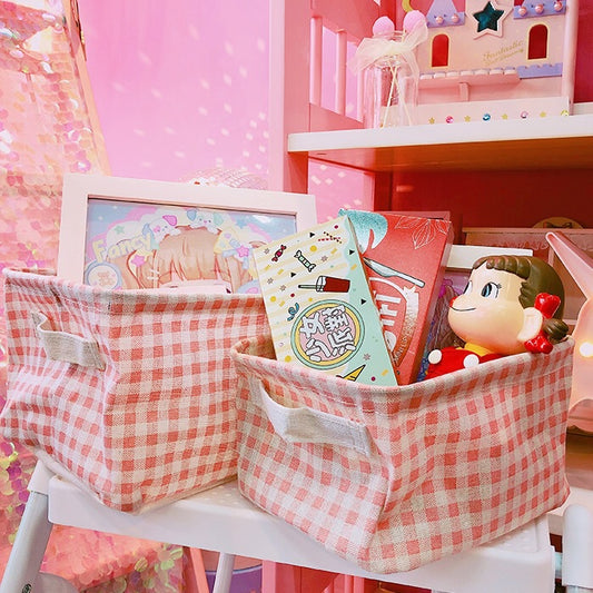 Girl Cute Pink Plaid Home Cotton And Linen Fabric Storage Basket Cosmetics Sundries Storage Basket Desktop Storage Box