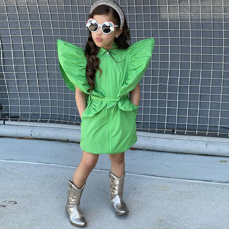 Children's Clothing New Ins Style Girls Oversized Ruffled Solid Color Waist Dress