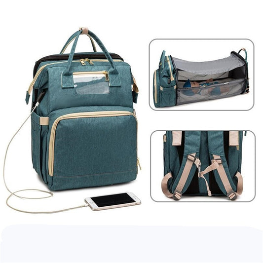 3 in 1 Foldable Baby Bed Diaper Bag Backpack Changing Pad Waterproof with USB Charging Pad Portable Crib Infant Sleeper,Free Bib