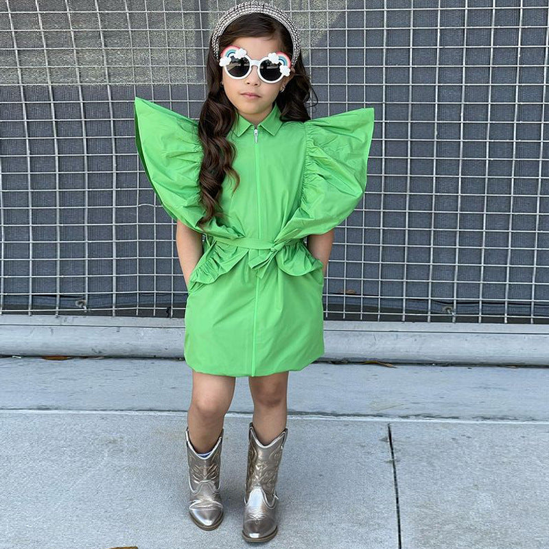 Children's Clothing New Ins Style Girls Oversized Ruffled Solid Color Waist Dress