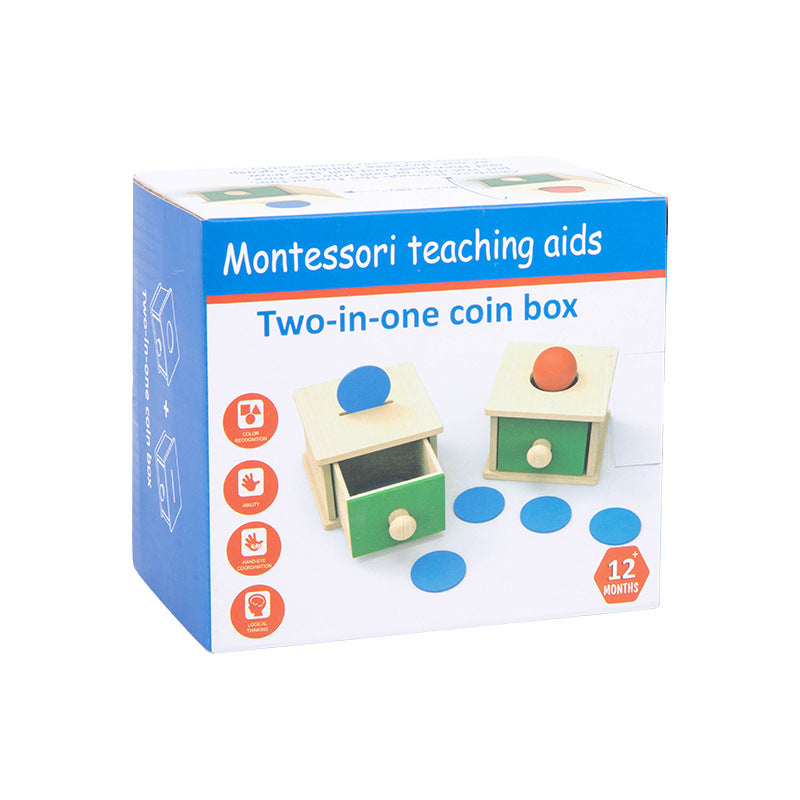 Wooden Montessori teaching aid drawer game educational toy 2-in-1 coin operated pitching box