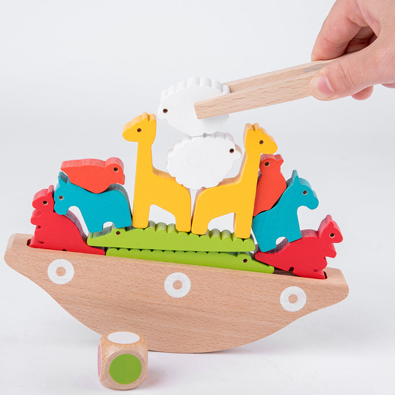 Wooden children's fun animal balance boat game, stacking stilts, seesaw, building blocks, puzzle and early education toys