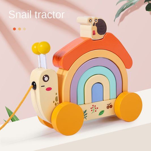 Wooden children's rainbow snail tractor color matching cognitive building blocks fun rope learning walker