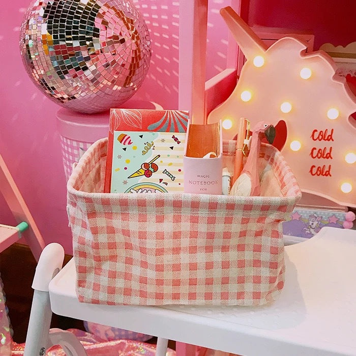 Girl Cute Pink Plaid Home Cotton And Linen Fabric Storage Basket Cosmetics Sundries Storage Basket Desktop Storage Box