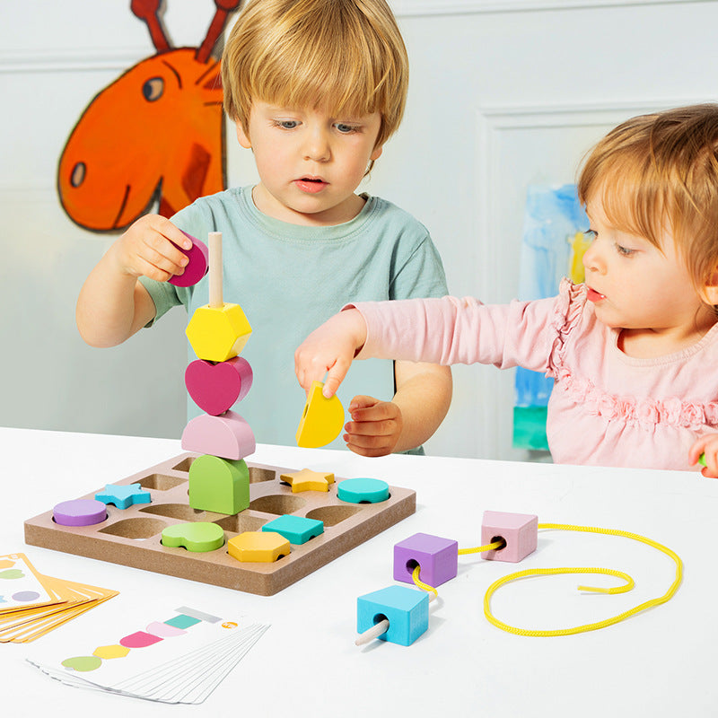 Children's Enlightenment Color Shape Cognition Rope Wooden Puzzle Bead Matching Hand Eye Coordination Montessori Early Education Toys