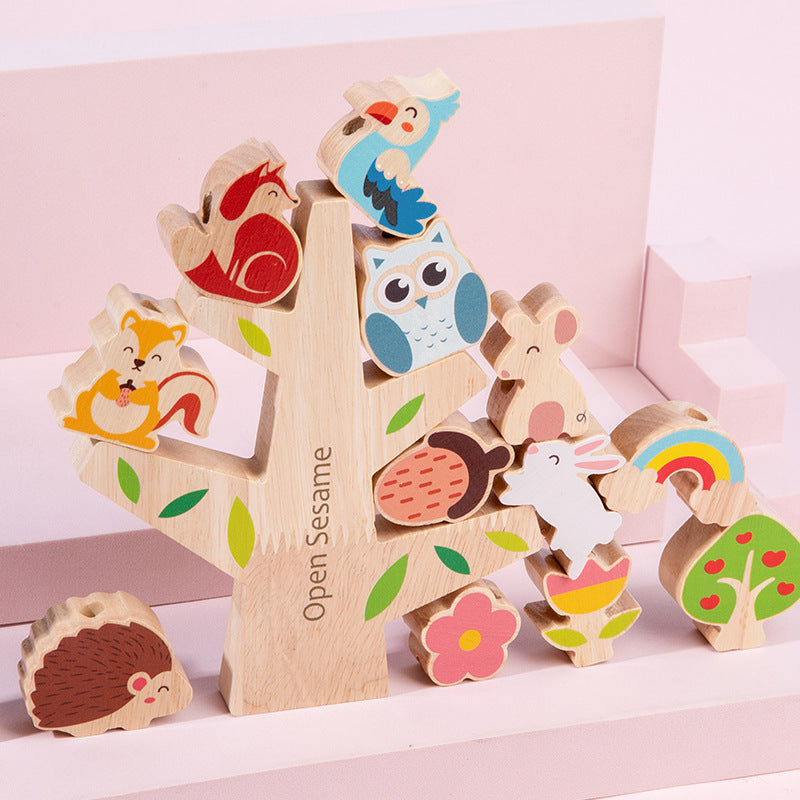 Children's puzzle forest skewers, balanced building blocks, shape matching, parent-child interactive wooden toys