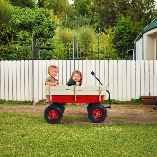 Outdoor Wagon All Terrain Pulling w/Wood Railing Air Tires Children Kid Garden(Red)