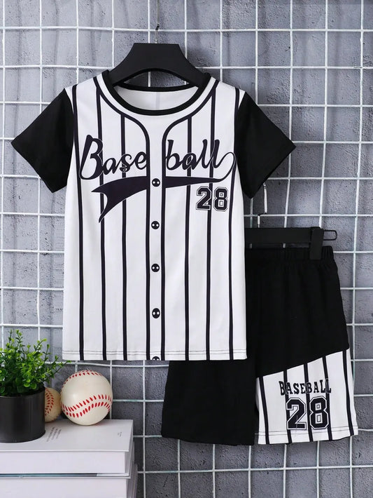 Children's Round Neck Contrast Striped T-Shirt and Shorts Set