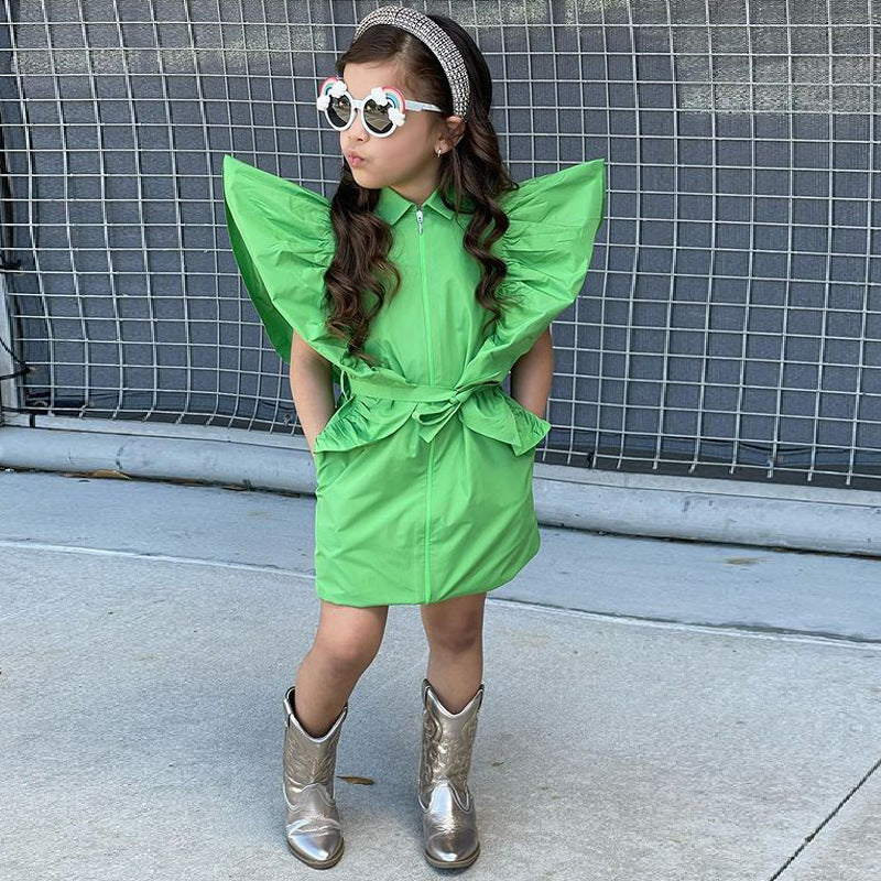 Children's Clothing New Ins Style Girls Oversized Ruffled Solid Color Waist Dress