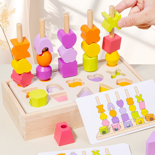 Wooden Shape Pillar Bead Block Box Practice Grip Color Classification Hand Eye Coordination Early Education Puzzle Enlightenment Toy