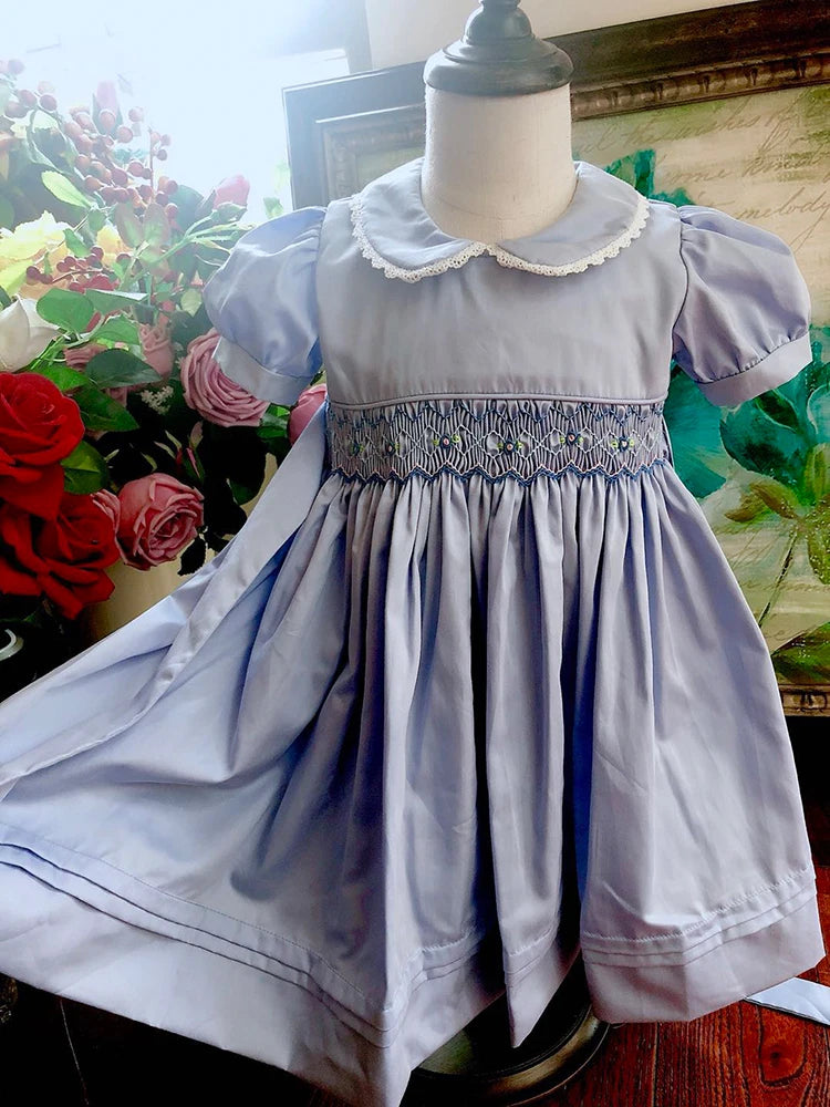 Kids Blue dress summer smocked dresses handmade cotton vintage wedding kids clothing Princess Party boutiques children clothes