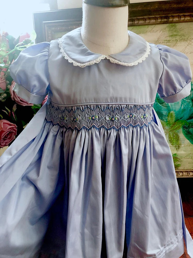 Kids Blue dress summer smocked dresses handmade cotton vintage wedding kids clothing Princess Party boutiques children clothes