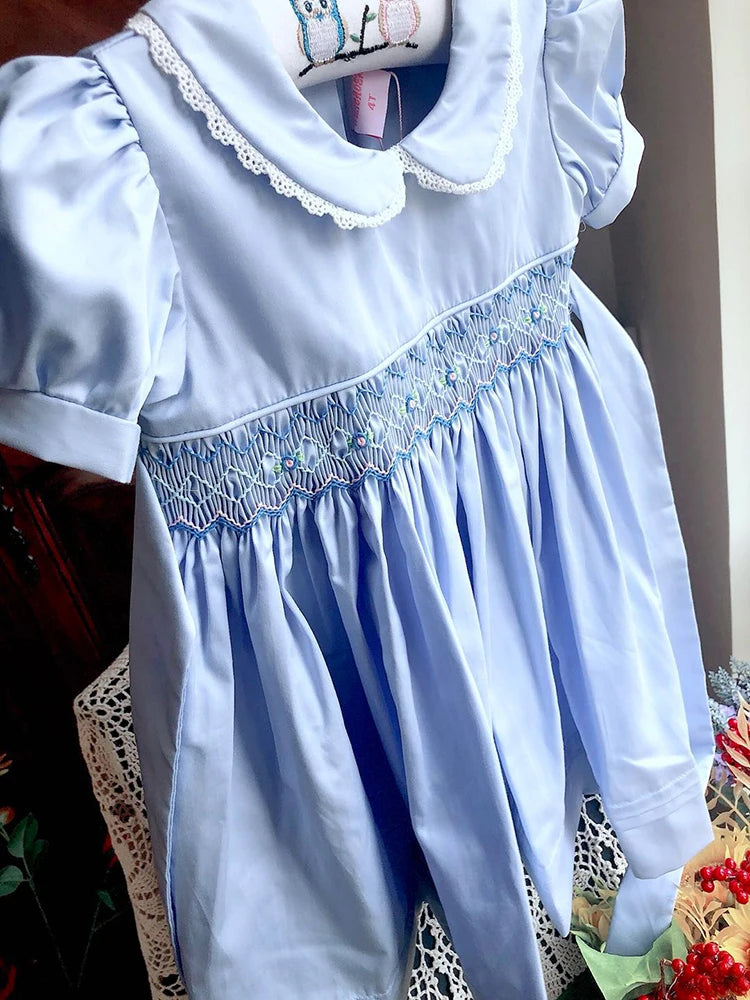 Kids Blue dress summer smocked dresses handmade cotton vintage wedding kids clothing Princess Party boutiques children clothes