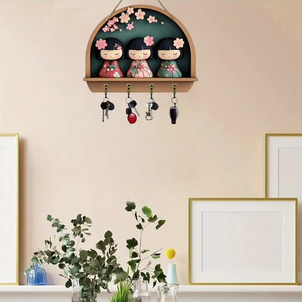 2D Charming Japanese Kimono Doll, Wooden Keychain with Four Metal Hooks, Suitable for Home, Porch, Room, Villa Decoration, Gift