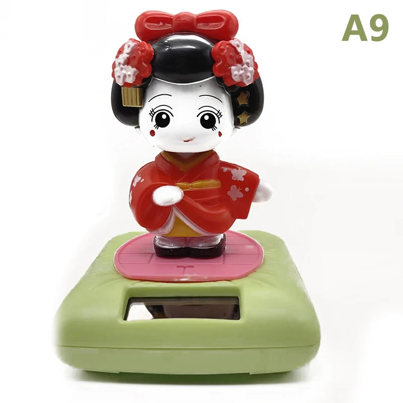 1PC NEW Solar Powered Japanese-Style Doll Car Ornament Kimono Girl Shaking Head Nod Head Cartoon Doll Dashboard Cute Car Decor