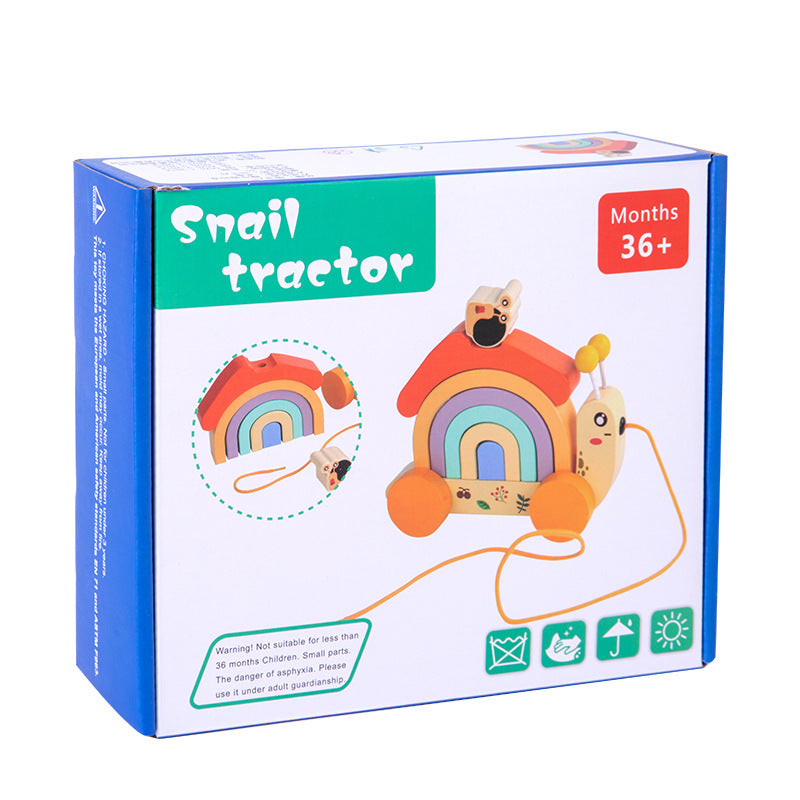 Wooden children's rainbow snail tractor color matching cognitive building blocks fun rope learning walker