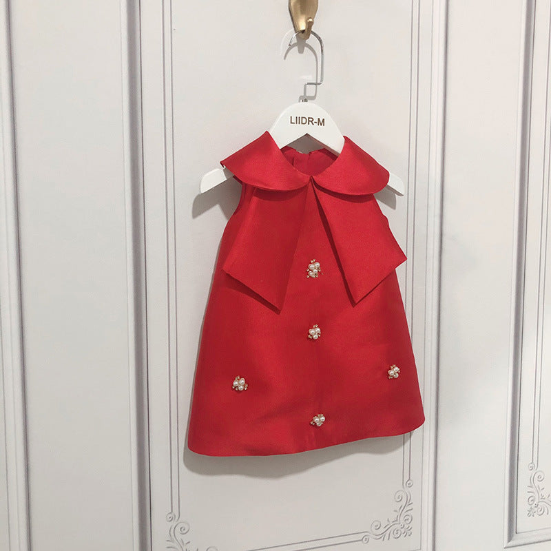 Girls Vest Skirt Children Girl Baby One Year Old Dress Big Bow Princess Dress Handmade Pearl Diamond Dress