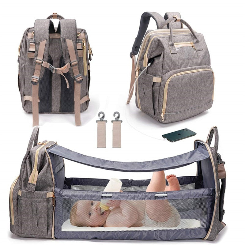 3 in 1 Foldable Baby Bed Diaper Bag Backpack Changing Pad Waterproof with USB Charging Pad Portable Crib Infant Sleeper,Free Bib