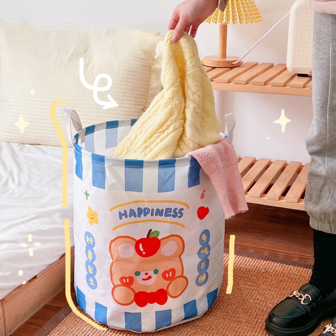 Cute Foldable Dirty Clothes Basket Canvas Storage Basket Household Fabric Sundries Finishing Toys Large Storage Bucket