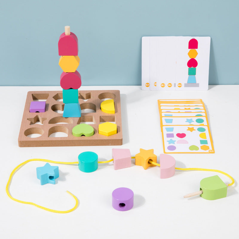Children's Enlightenment Color Shape Cognition Rope Wooden Puzzle Bead Matching Hand Eye Coordination Montessori Early Education Toys