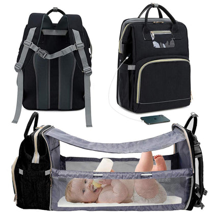3 in 1 Foldable Baby Bed Diaper Bag Backpack Changing Pad Waterproof with USB Charging Pad Portable Crib Infant Sleeper,Free Bib