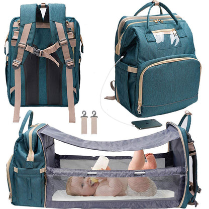 3 in 1 Foldable Baby Bed Diaper Bag Backpack Changing Pad Waterproof with USB Charging Pad Portable Crib Infant Sleeper,Free Bib