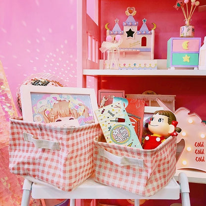 Girl Cute Pink Plaid Home Cotton And Linen Fabric Storage Basket Cosmetics Sundries Storage Basket Desktop Storage Box