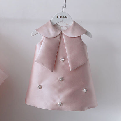 Girls Vest Skirt Children Girl Baby One Year Old Dress Big Bow Princess Dress Handmade Pearl Diamond Dress