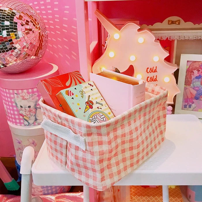 Girl Cute Pink Plaid Home Cotton And Linen Fabric Storage Basket Cosmetics Sundries Storage Basket Desktop Storage Box