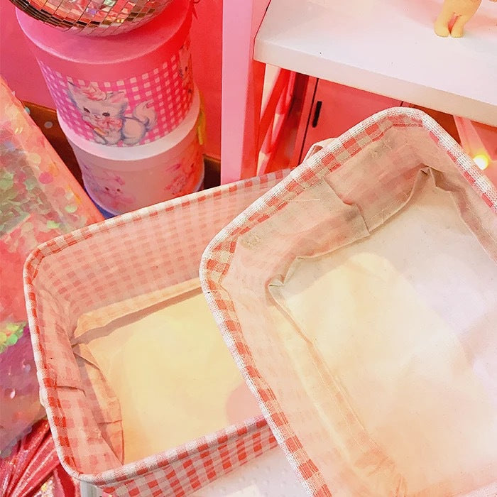 Girl Cute Pink Plaid Home Cotton And Linen Fabric Storage Basket Cosmetics Sundries Storage Basket Desktop Storage Box