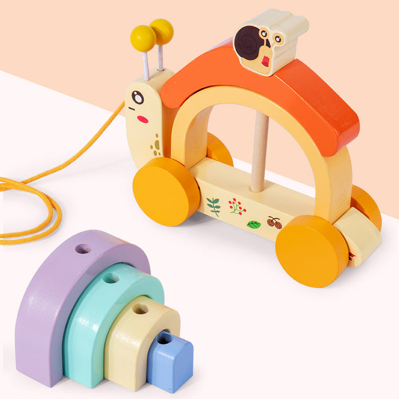 Wooden children's rainbow snail tractor color matching cognitive building blocks fun rope learning walker
