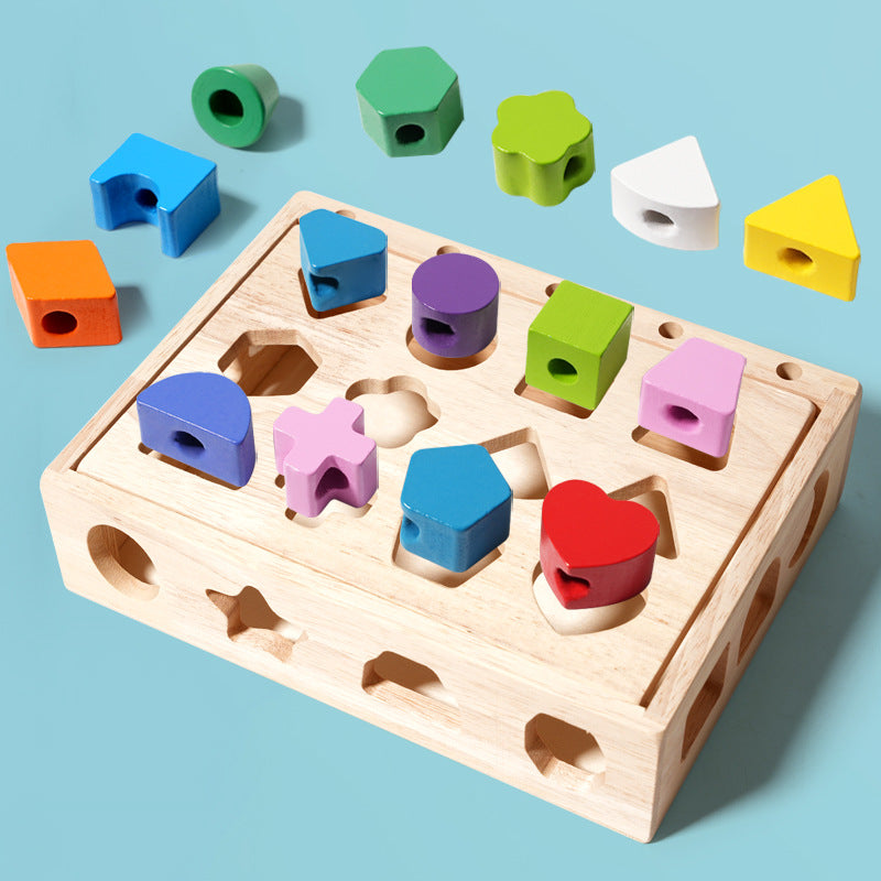 Children's puzzle bead five sets of columns, color sensory enlightenment, shape matching perception, early education, wooden building blocks play