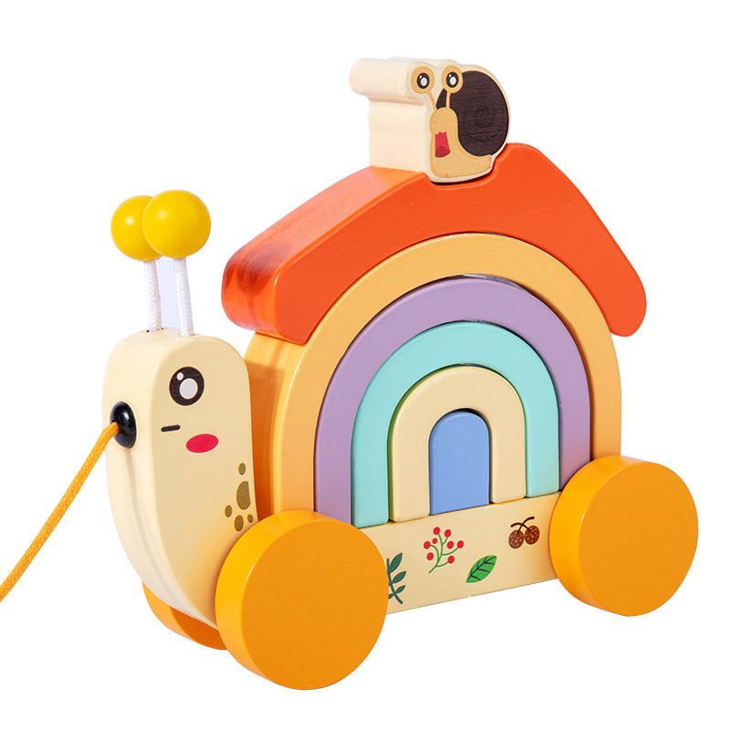 Wooden children's rainbow snail tractor color matching cognitive building blocks fun rope learning walker