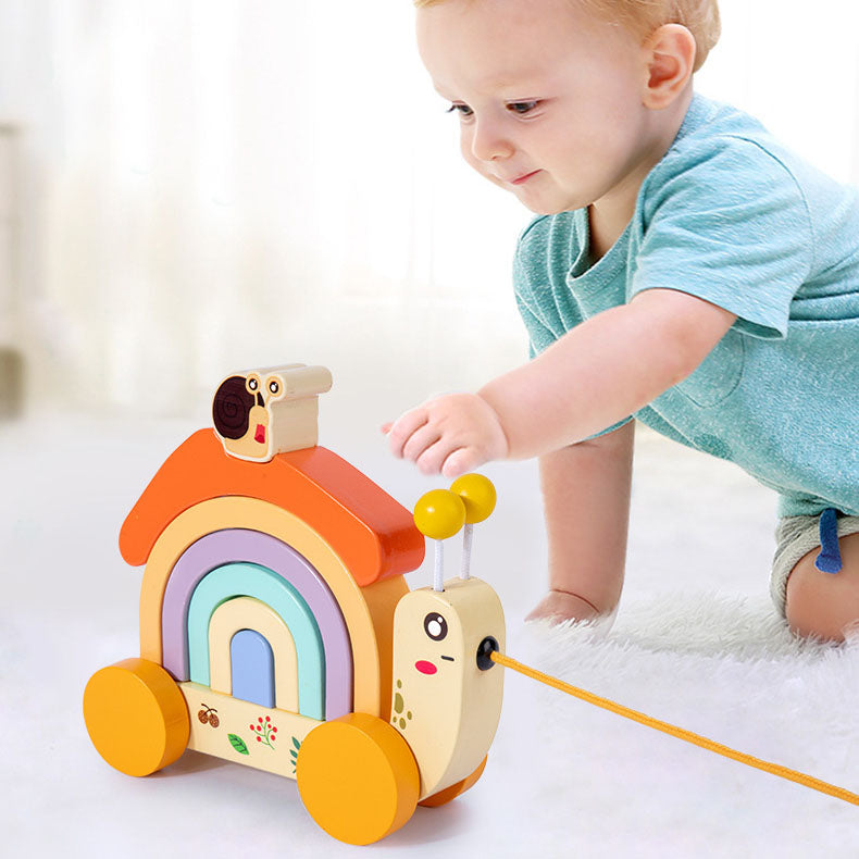 Wooden children's rainbow snail tractor color matching cognitive building blocks fun rope learning walker